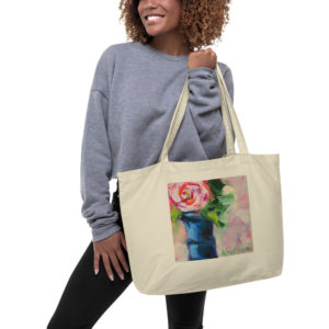 Large Blue Vase Pink Rose organic tote bag